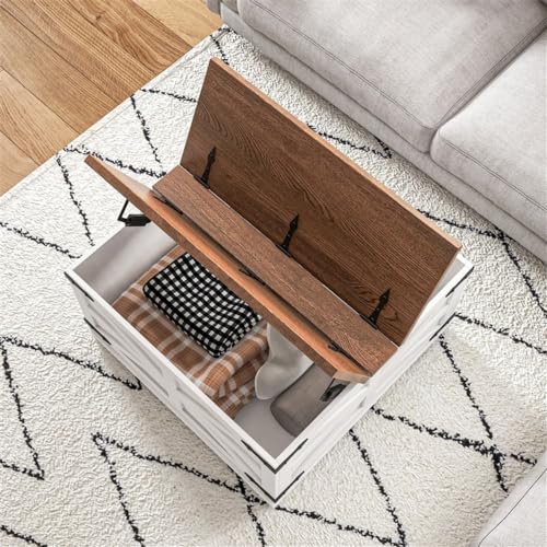 Distressed White & Brown Square Storage Coffee Table with Hinged Lift Top V924299