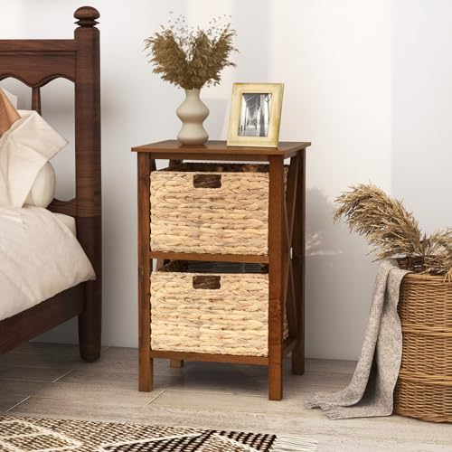 2-Tier Nightstand with Wicker Baskets Set of 2, Walnut U37222