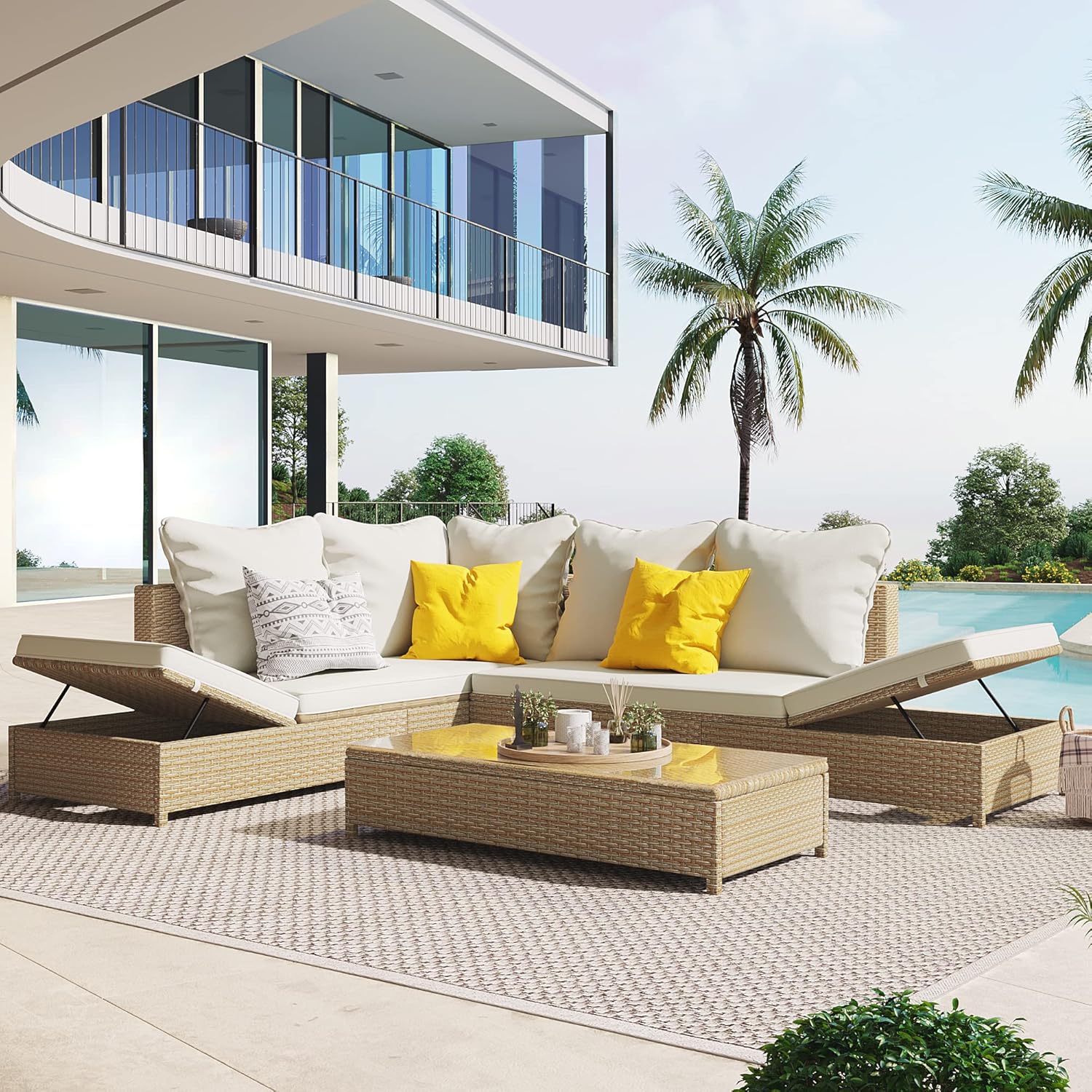 3-Piece PE Rattan Wicker Sectional Sofa Set with Tempered Glass Table H74050