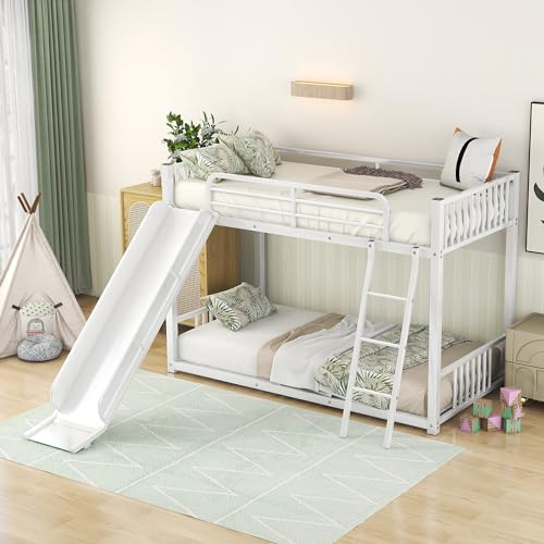 Twin Over Twin Low Bunk Bed with Slide and Ladder Y31530