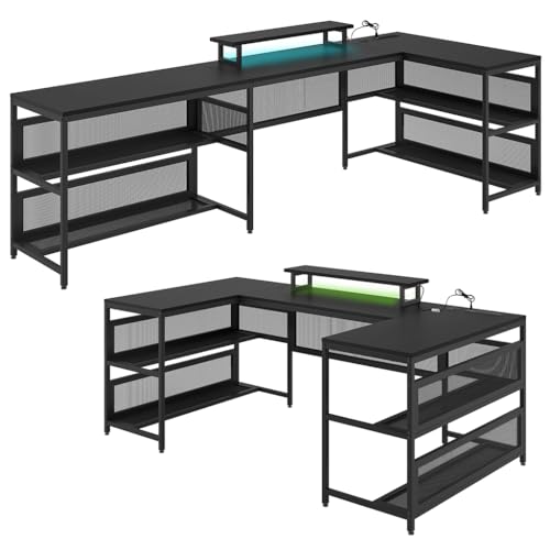 Black U Shaped 82" Computer Desk with LED Lights and Power Outlets N448910