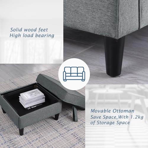 76inch Linen Grey 3 Seater L Shaped Sectional Sofa with Ottoman T166204