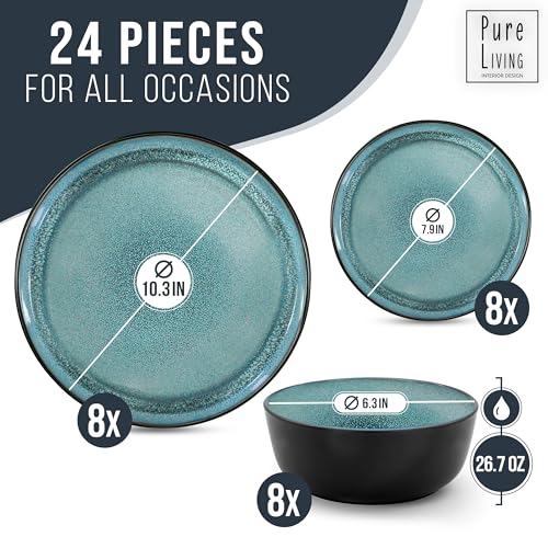 24 Piece Stoneware Dinnerware Set for 8, Beige Light Blue X4534