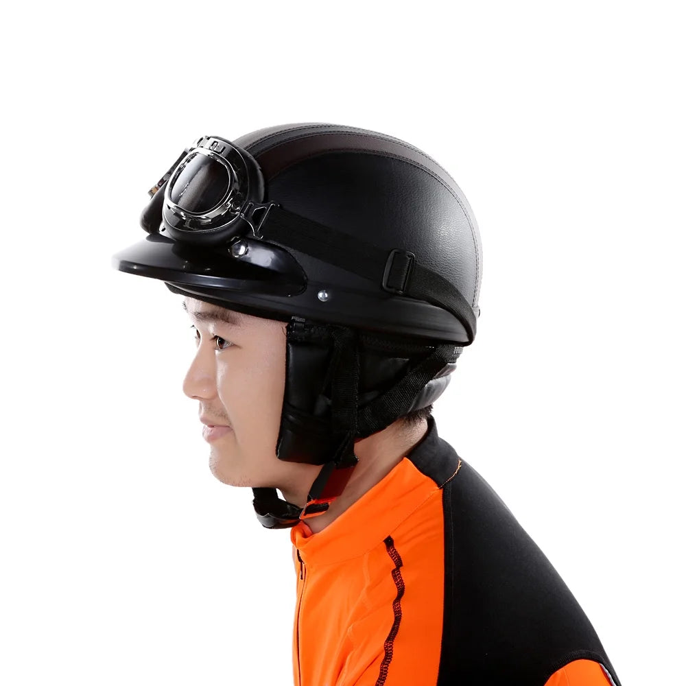 Motorcycle Scooter Open Face Half Leather with Visor Goggles Q308