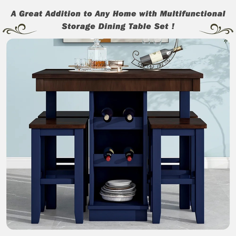 Brown and Blue 5-Piece Counter Height Dining Set with 4 Stools and Square Wood Table W703