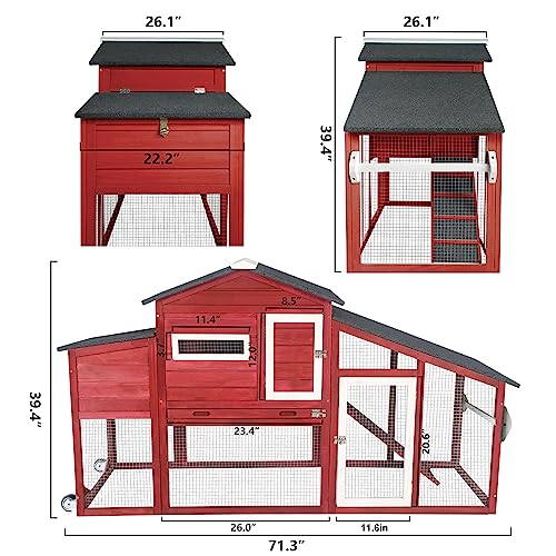 Large Wooden Chicken Coop with Wheels Waterproof Outdoor Hen House Poultry Cage with Run Laying Boxes and Secure Enclosure T3606