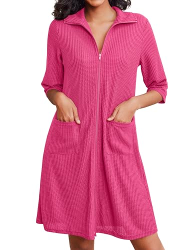 Short Waffle Knit Bathrobe with Pockets B429
