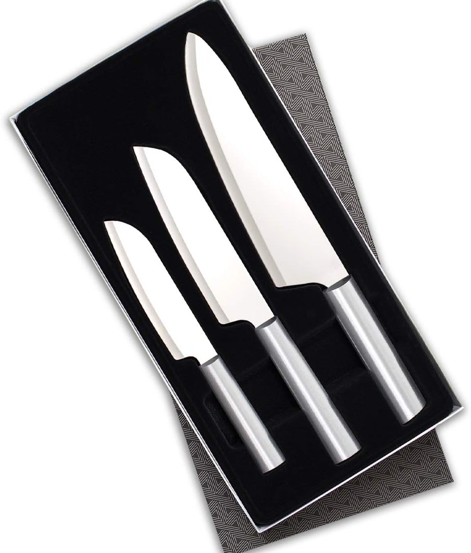 3-Piece Stainless Steel Knife Set with Aluminum Handles and Sharpener D55337