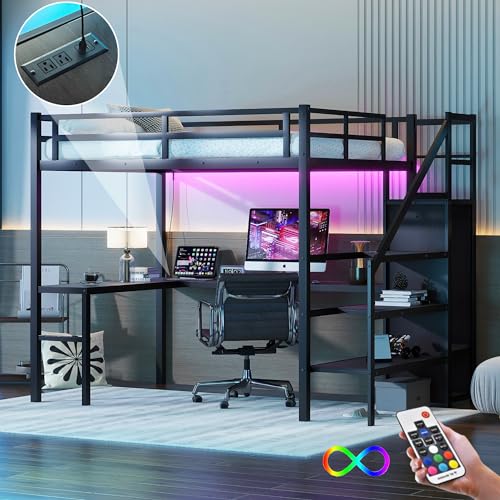 Black Full Size Gaming Loft Bed with Desk and Shelves P77710