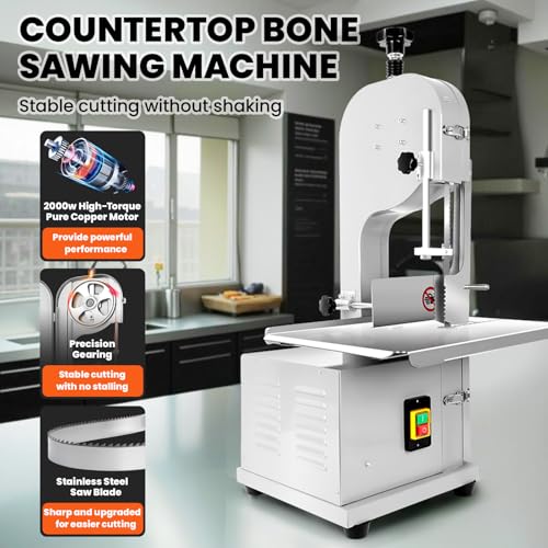 2000W Commercial Bandsaw Machine, 20x16" Stainless Table, 0.04-8" Cutting Thickness, Electric Bone Saw Machine with 8 Blades R49067