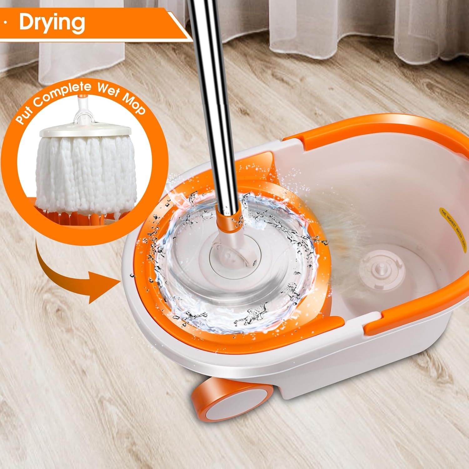 Spin Mop and Bucket with Wringer Set, 57" Adjustable Handle, Stainless Steel Bucket with 2 Wheels, 6 Microfiber Mop Pads L356601