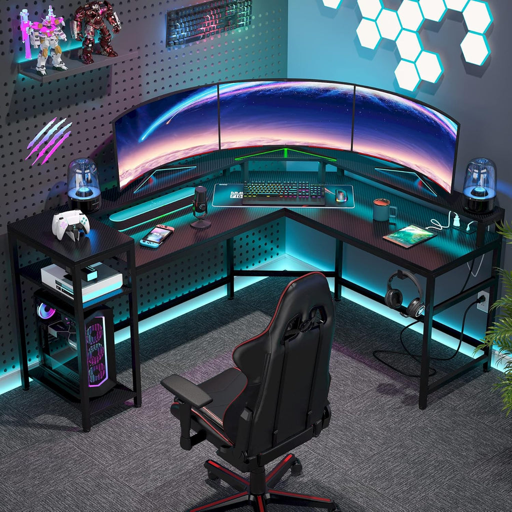 Black L Shaped Gaming Desk with Power Outlet & LED Stripe E35660