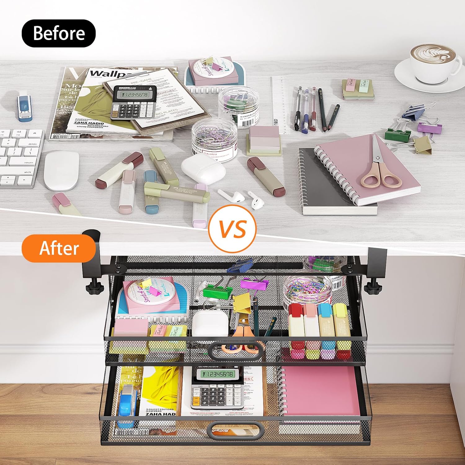 Under Desk 2 Drawer Metal Drawer Organizer Large 15.6x12x4.7 Inches D220