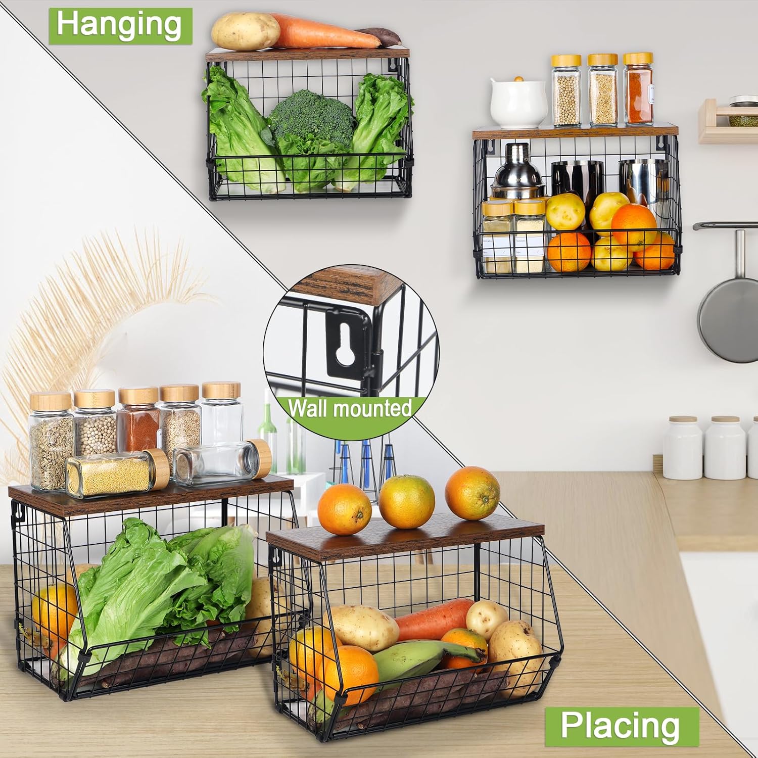 2 Tier Wire Fruit Basket with Wooden Lid M7618