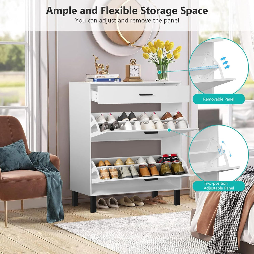 White Wooden Shoe Cabinet with 2 Flip Drawers T302185