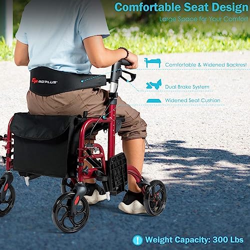 2 in 1 Folding Rollator Walker with Seat, 8-inch Wheel, Aluminium Frame T459861
