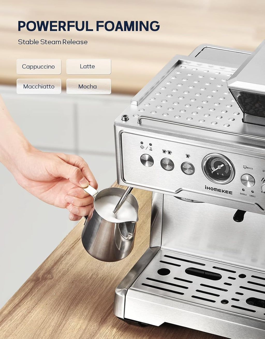 20 Bar Semi-Automatic Espresso Machine With Grinder and Milk Frother, Brushed Stainless Steel Z137705