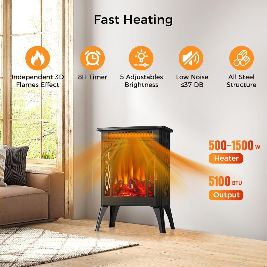 Electric Fireplace Stove, 1500W, 17" Infrared Heater, Remote Control, 8H Timer E31961