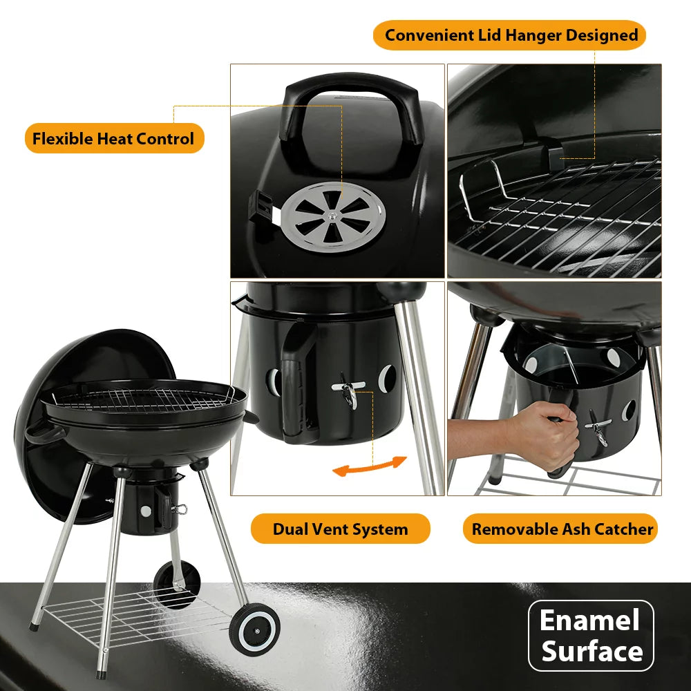 22" Round Portable Charcoal Kettle Grill With 2 Wheels, Black A868