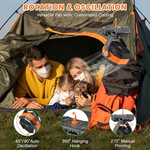 20000mAh Rechargeable Oscillating Camp Fan with LED Light and Remote W904