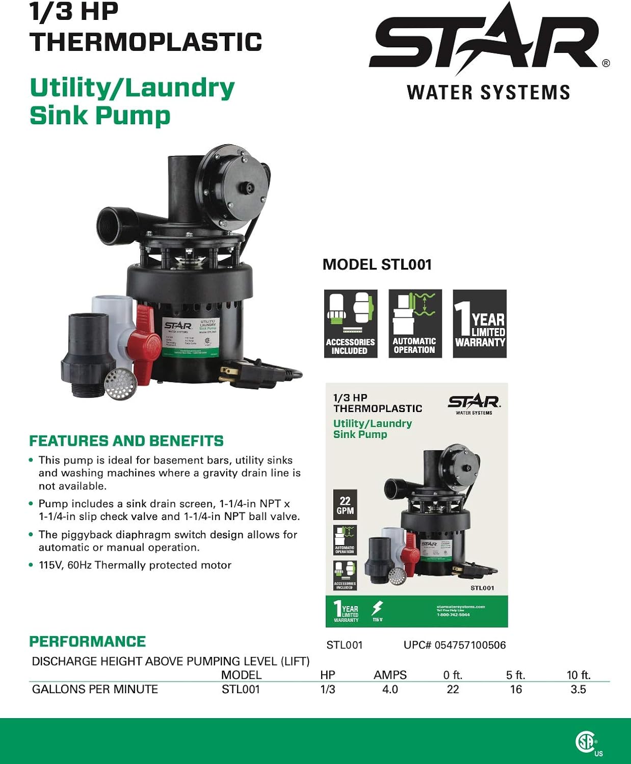Automatic Utility Sink Pump, 1/3 HP, Heavy-Duty Thermoplastic, 115V E956104