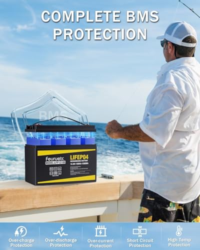 12V 100Ah LiFePO4 Lithium Battery with 100A BMS, 1280Wh Energy Storage, Iron Phosphate 15000 Deep Cycles Marine Battery H340