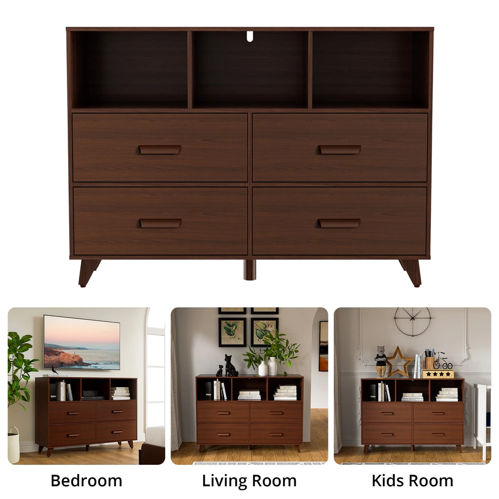 White and Brown 4 Drawers Wood Dresser with 3 Open Shelves I404046