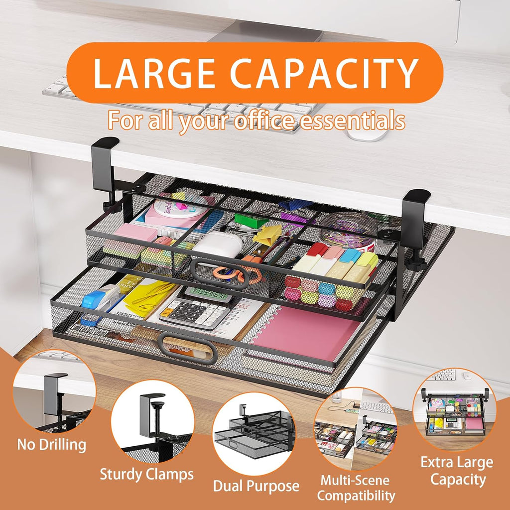 Under Desk 2 Drawer Metal Drawer Organizer Large 15.6x12x4.7 Inches D220