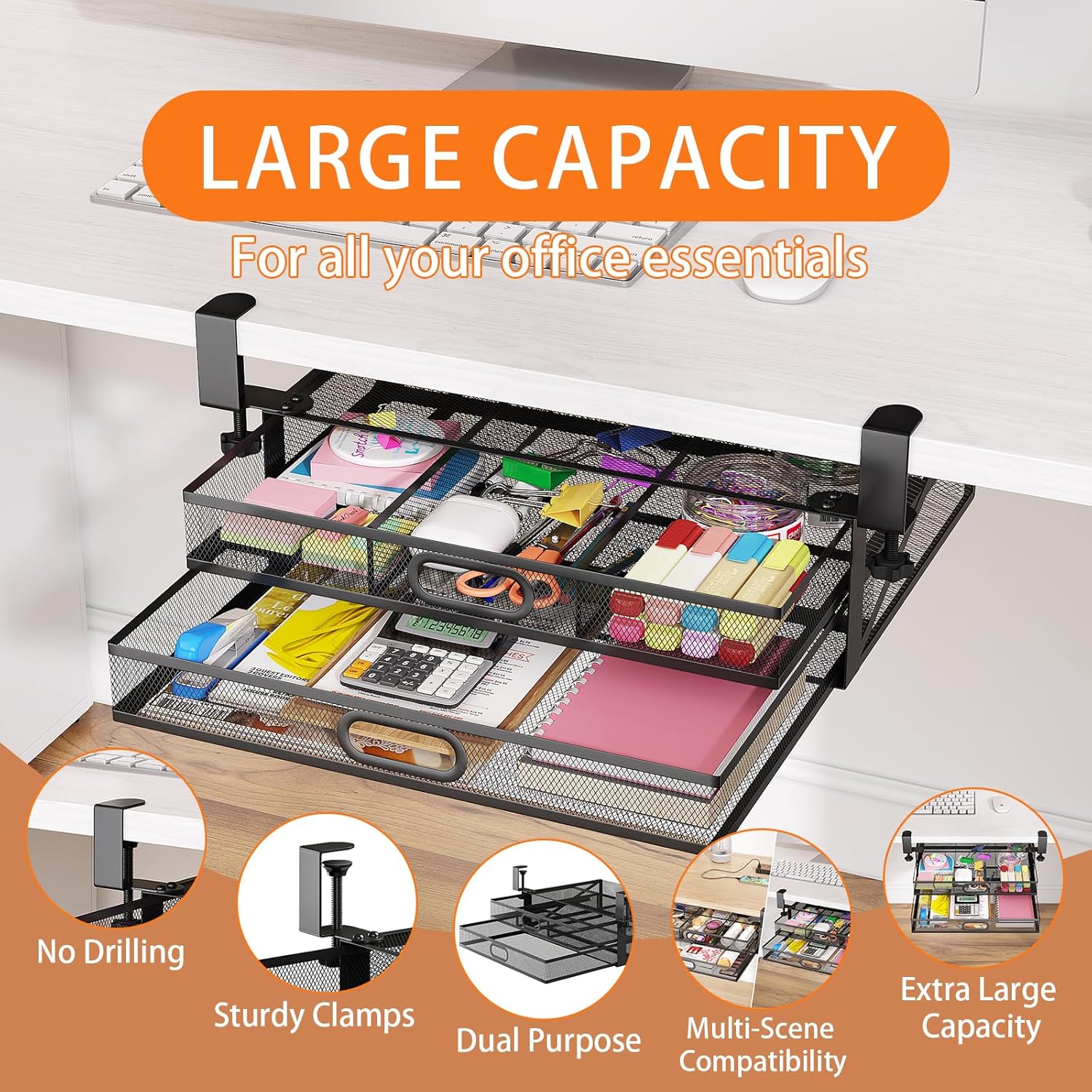 Under Desk 2 Drawer Metal Drawer Organizer Large 15.6x12x4.7 Inches D220
