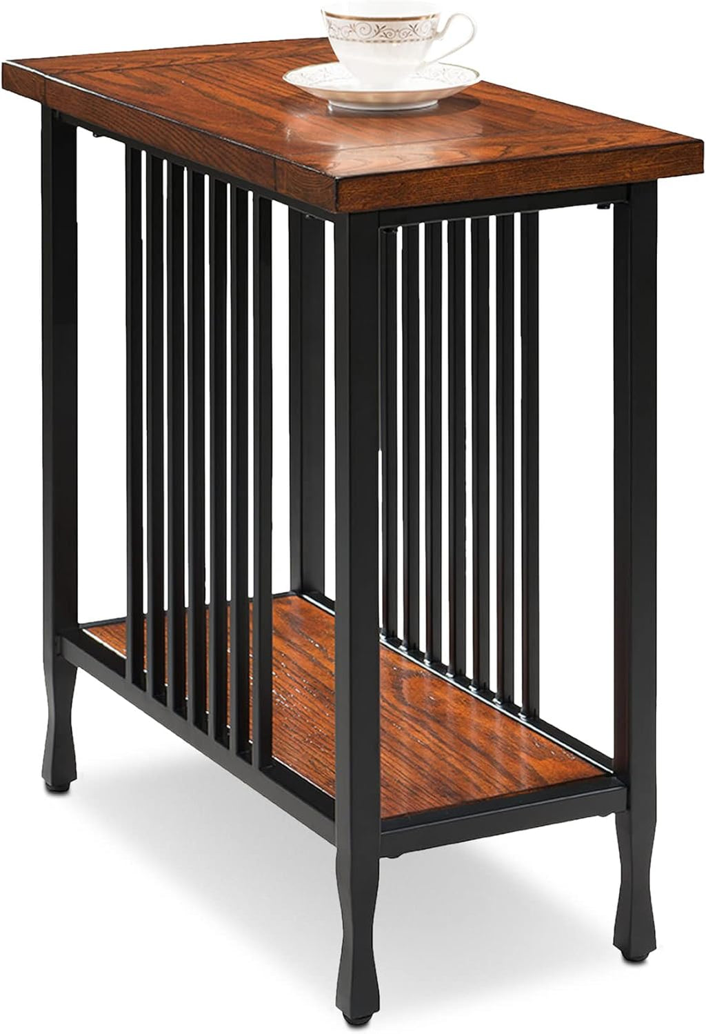 Mission Oak and Matte Black Narrow Chairside Table with Shelf R17153