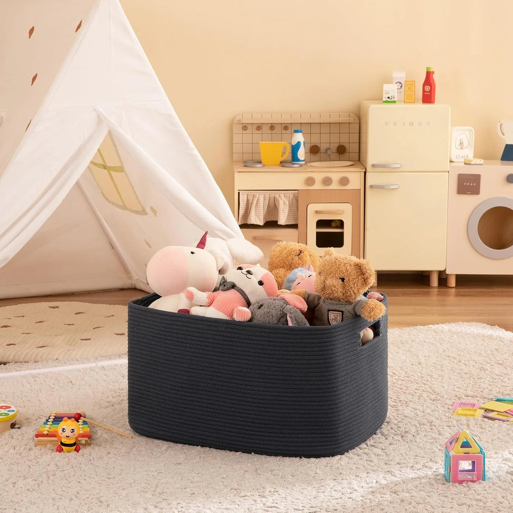75L Large Woven Cotton Rope Blanket Storage Basket with Handle T4989