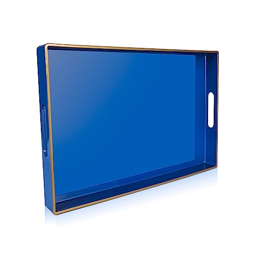 Blue Plastic Serving Tray with Handles, 15.7” x 10.2” x 1.37” V503529