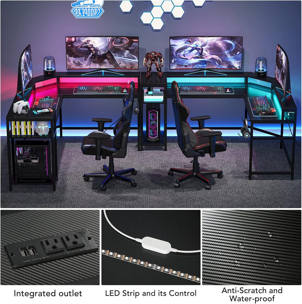 Black L Shaped Gaming Desk with Power Outlet & LED Stripe E35660