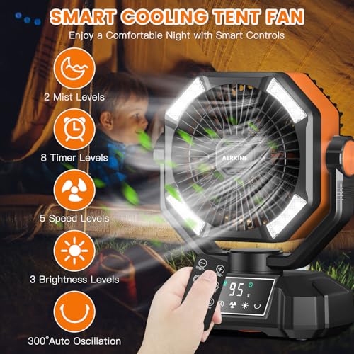 20000mAh Rechargeable Oscillating Camp Fan with LED Light and Remote W904