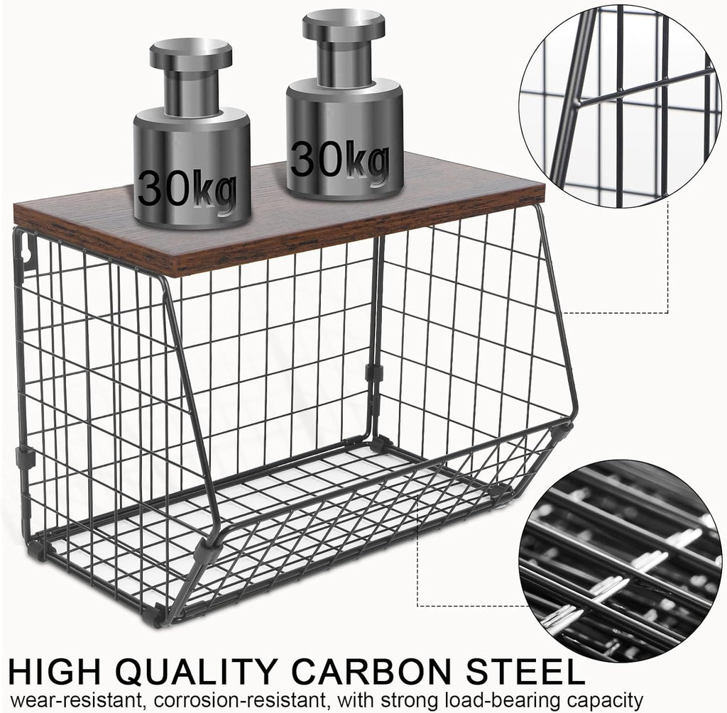 2 Tier Wire Fruit Basket with Wooden Lid M7618