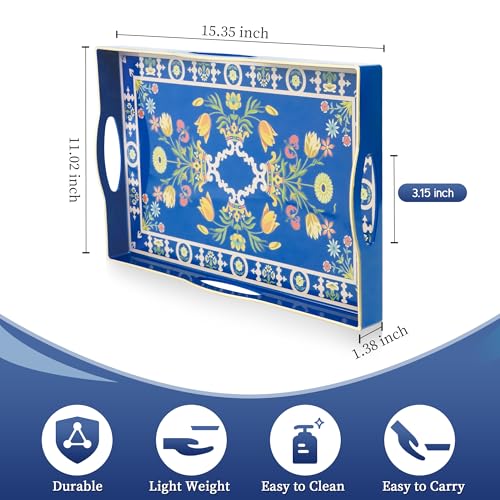 Blue Plastic Serving Tray with Handles, 15.7” x 10.2” x 1.37” V503529