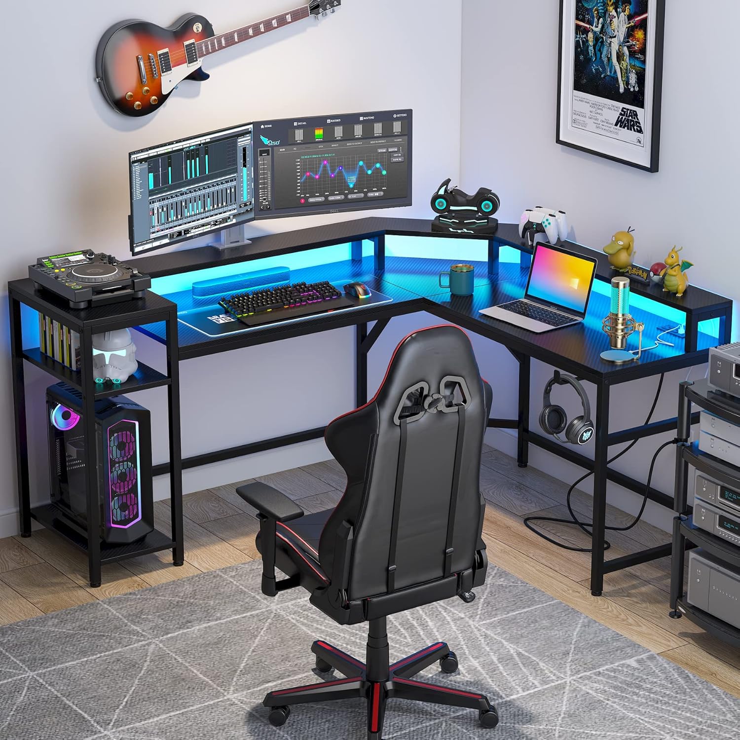 Black L Shaped Gaming Desk with Power Outlet & LED Stripe E35660
