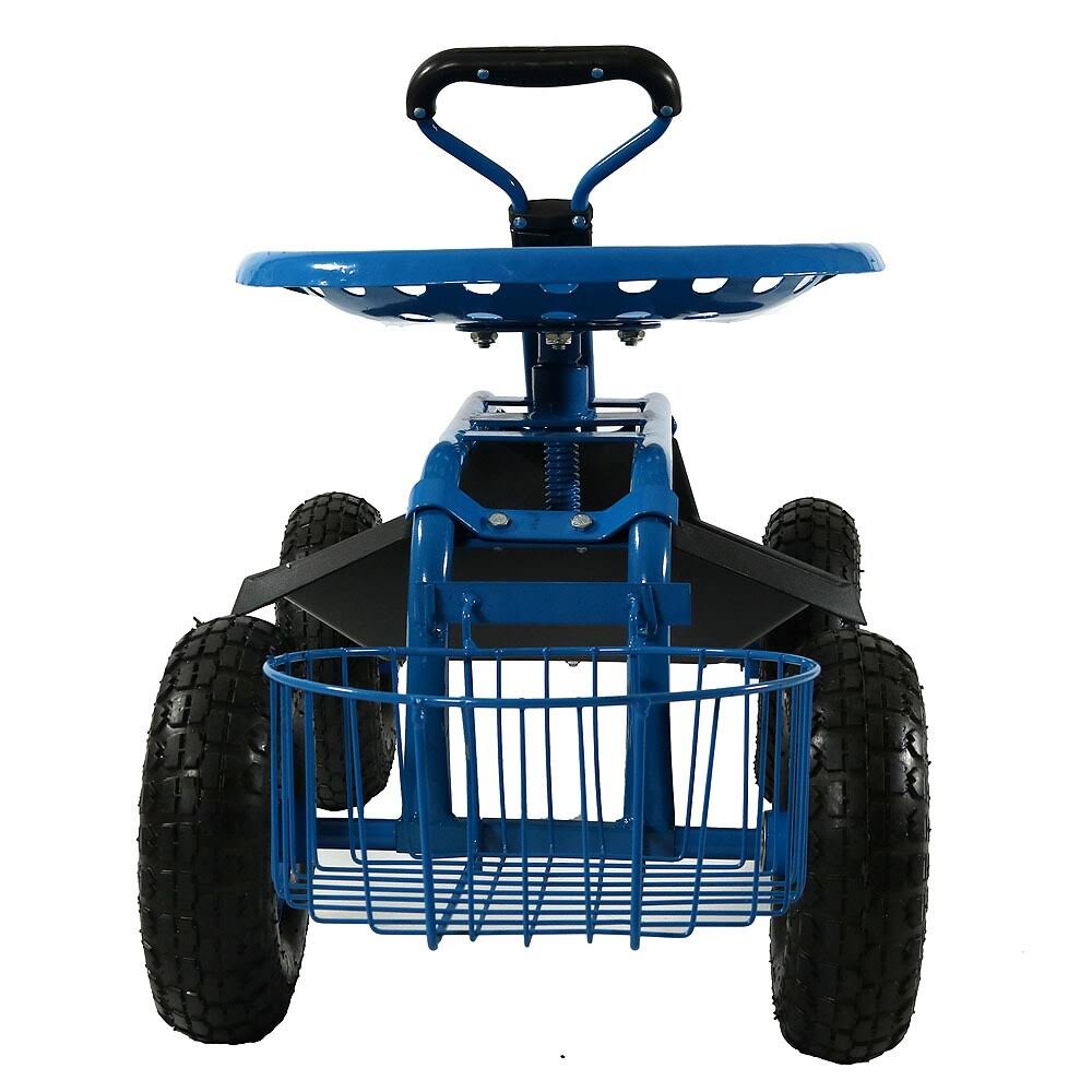 Blue Rolling Garden Cart with Extendable Steering Handle, Swivel Seat O20298