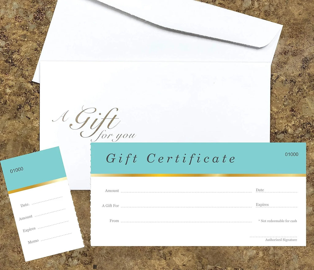 25 Set Aqua Blue Blank Gift Certificates with Matching Envelopes L283