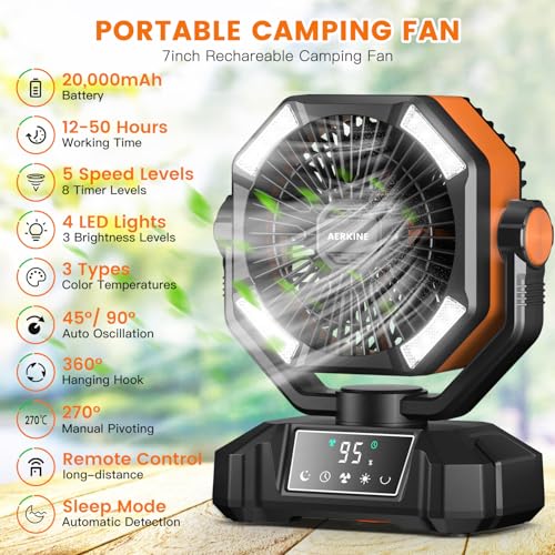 20000mAh Rechargeable Oscillating Camp Fan with LED Light and Remote W904