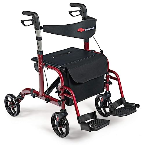 2 in 1 Folding Rollator Walker with Seat, 8-inch Wheel, Aluminium Frame T459861