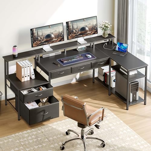 Black L Shaped Desk with File Drawers, Power Outlet & LED Lights D70872