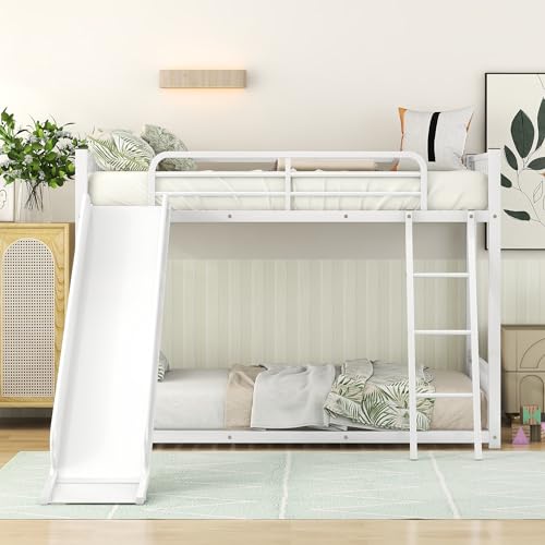 Twin Over Twin Low Bunk Bed with Slide and Ladder Y31530