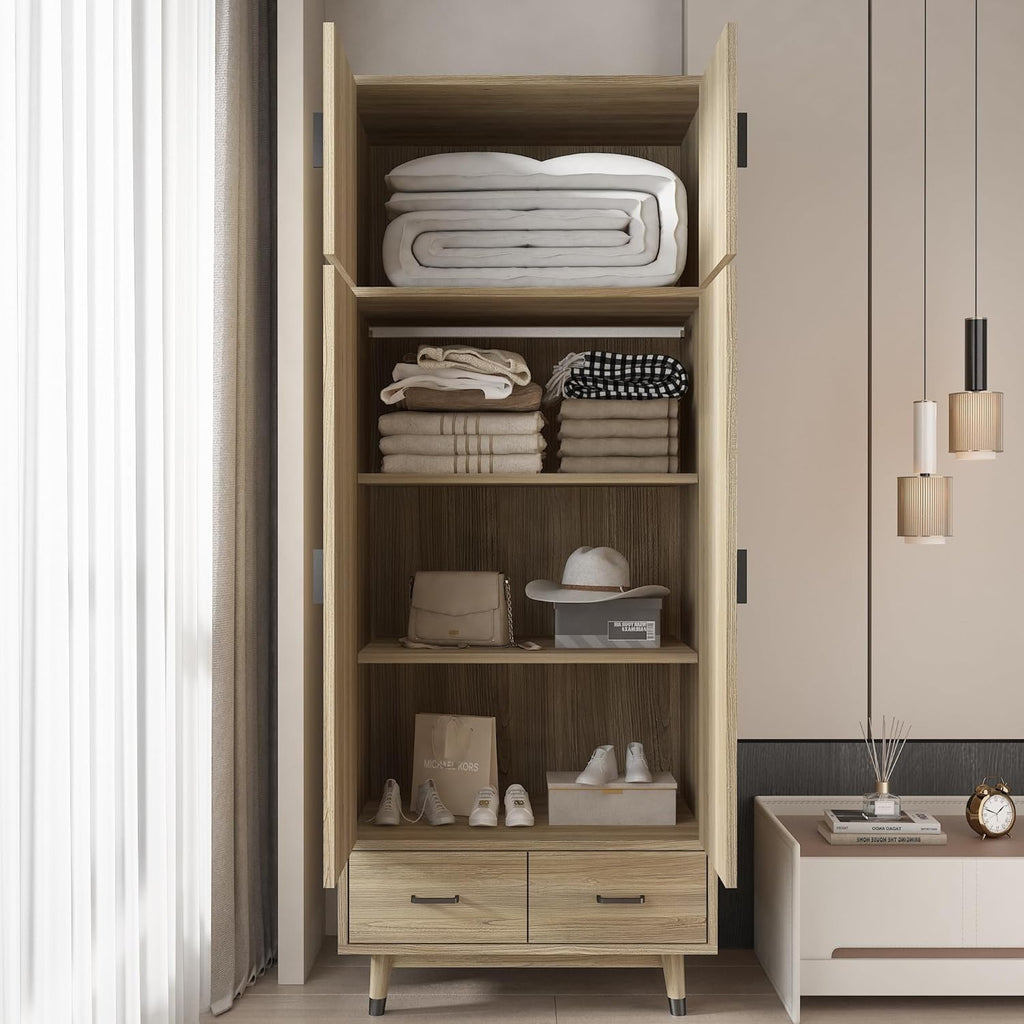 Oak 2-Door Wood Wardrobe Closet with 2 Drawers and Hanging Rod B948