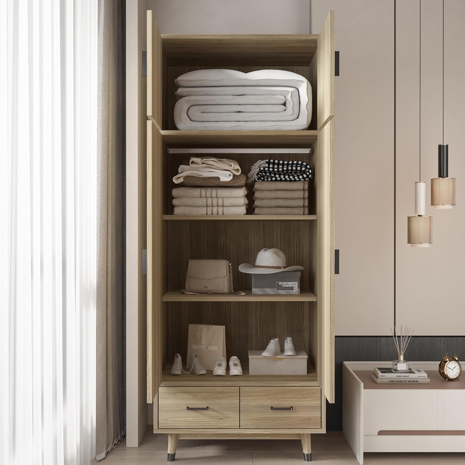 Oak 2-Door Wood Wardrobe Closet with 2 Drawers and Hanging Rod B948