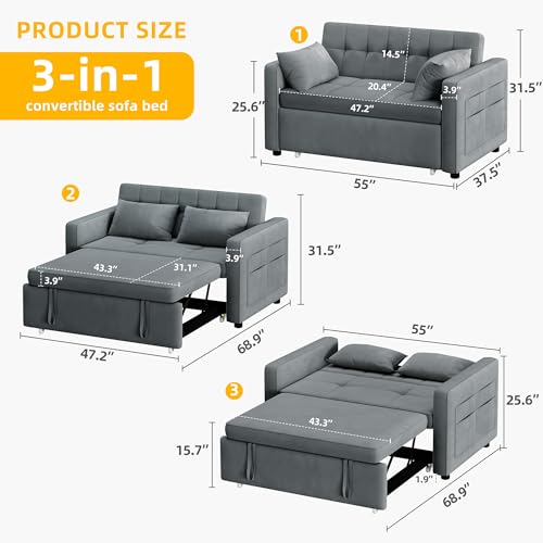 55" Convertible Velvet Sofa Bed, Full Size Y627874