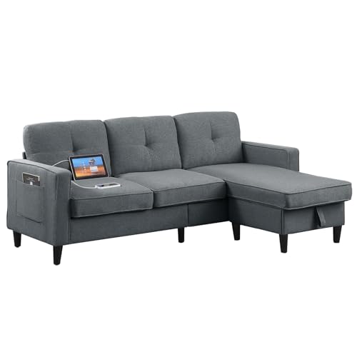 76inch Linen Grey 3 Seater L Shaped Sectional Sofa with Ottoman T166204
