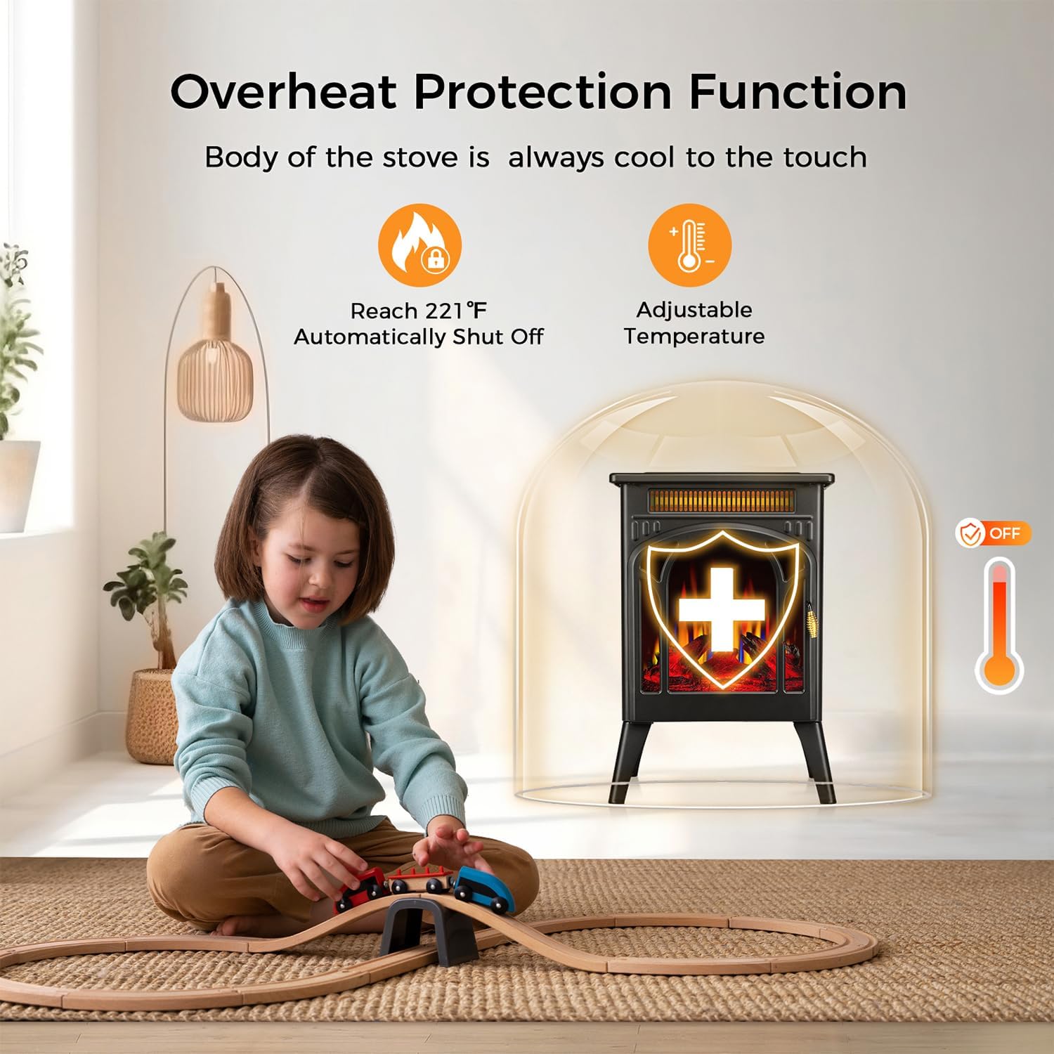 Electric Fireplace Stove, 1500W, 17" Infrared Heater, Remote Control, 8H Timer E31961