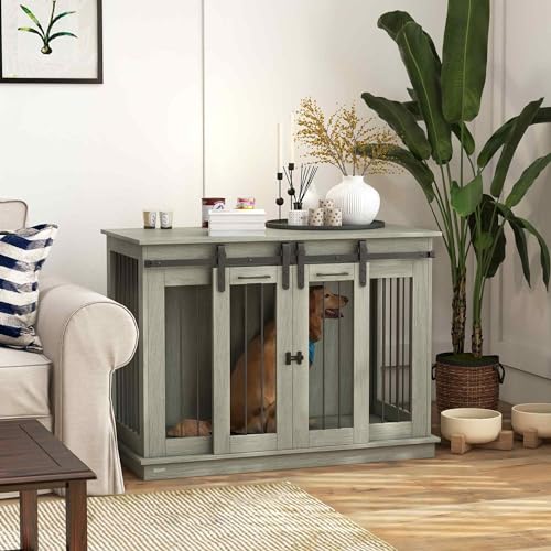 Large Dog Crate Furniture with Divider, Double Doors, 47" W x 23.5" D x 35" H, Oak W2566