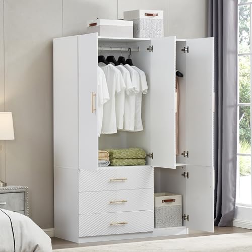 White 4 Doors 3 Drawers Wooden Closet Cabinet Wardrobe Armoire R306755